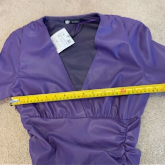 Zara purple faux leather long sleeve V-neck ruched mini dress Sz M NWT - Picture 10 of 13
